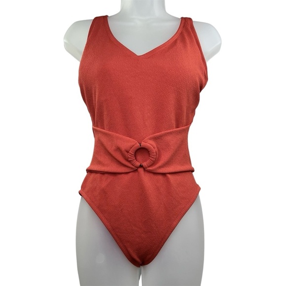 NWT Ellen Tracy Women Swimsuit Size 12 Earthly Red Lightly Padded, O Ring Belted - Picture 1 of 8